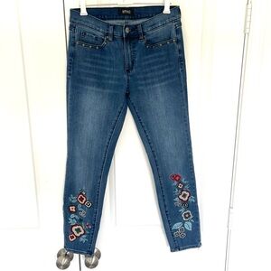 Buffalo David Bitton Blue Ankle Cropped Skinny Jeans with Floral Embroidery